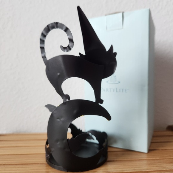 Halloween PartyLite Charmed Cat Tealight Votive Candle Holder Sparkly Witch Moon - Picture 6 of 10